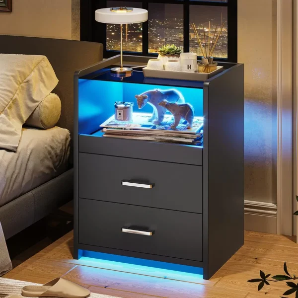 Nightstand with Charging Station and LED Lights