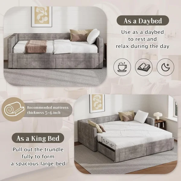 Elegant Chenille Daybed with King Trundle Bed, Storage