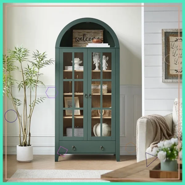 Farmhouse Arched Glass Door Cabinet with Drawer
