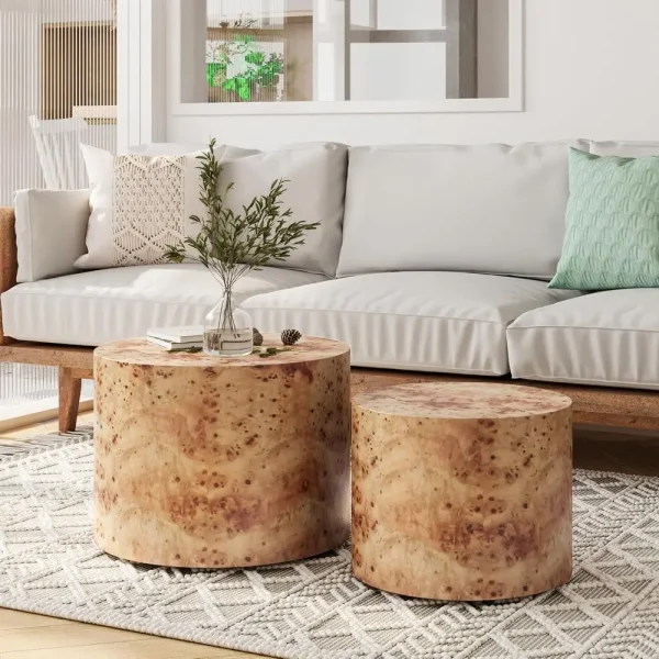 Modern Burl Wood Round Coffee Table Set, 2-Piece