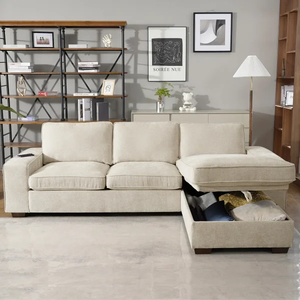Sectional Chenille Sofa with Storage Chaise, USB