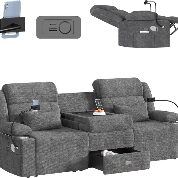 Home Theater Reclining Sofa with Heat, Storage, USB