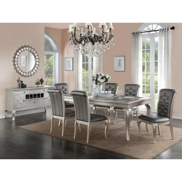 7pc Glass Dining Table Set w/ Silver Hue & 6 Tufted Chairs