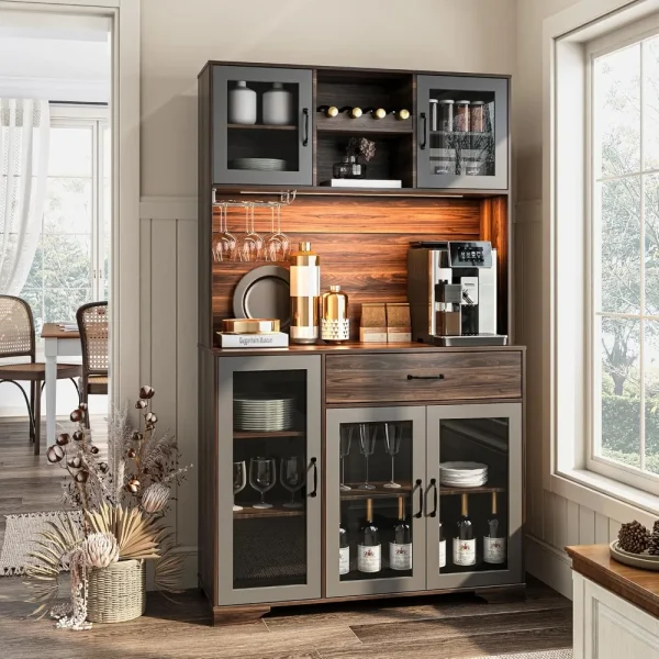 Pantry Hutch Cabinet with Charging Station & LED Lights