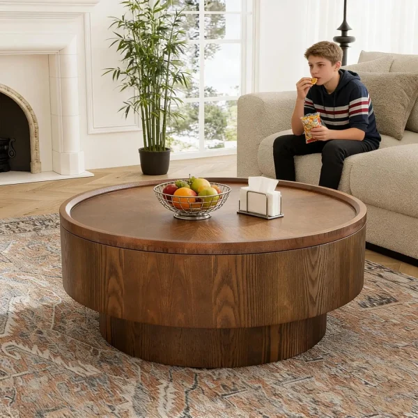 Rustic Wood Drum Center Coffee Table with Storage